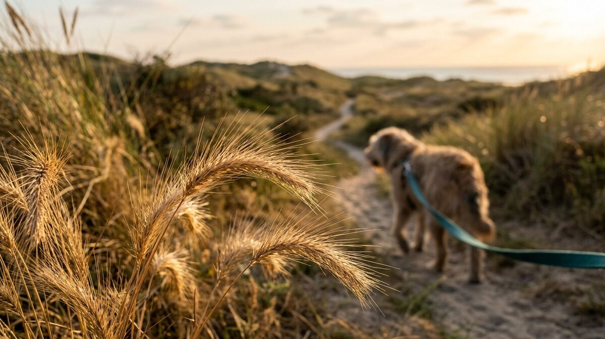 Droge, gele grasaren met weerhaakjes langs een zandpad in de zomer, met een hond die voorbijloopt