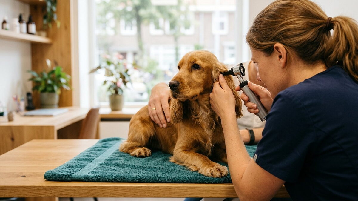 Dierenarts kijkt met een otoscoop in het oor van een rustige hond op een behandeltafel