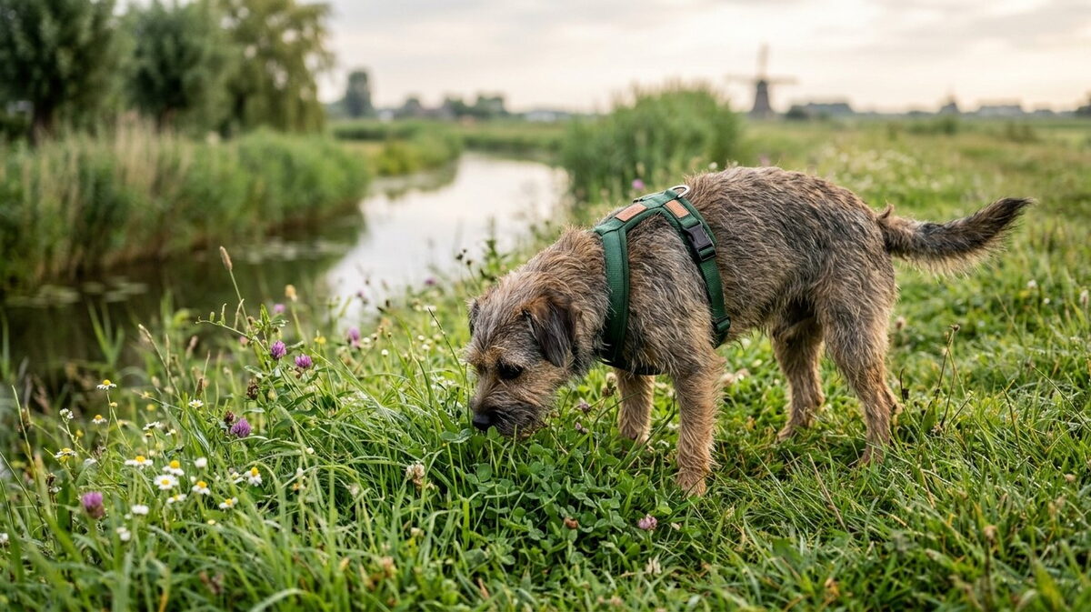 Terriër snuffelt met zijn neus diep in het gras langs een Nederlandse slootkant, vlak voor een rolpartij