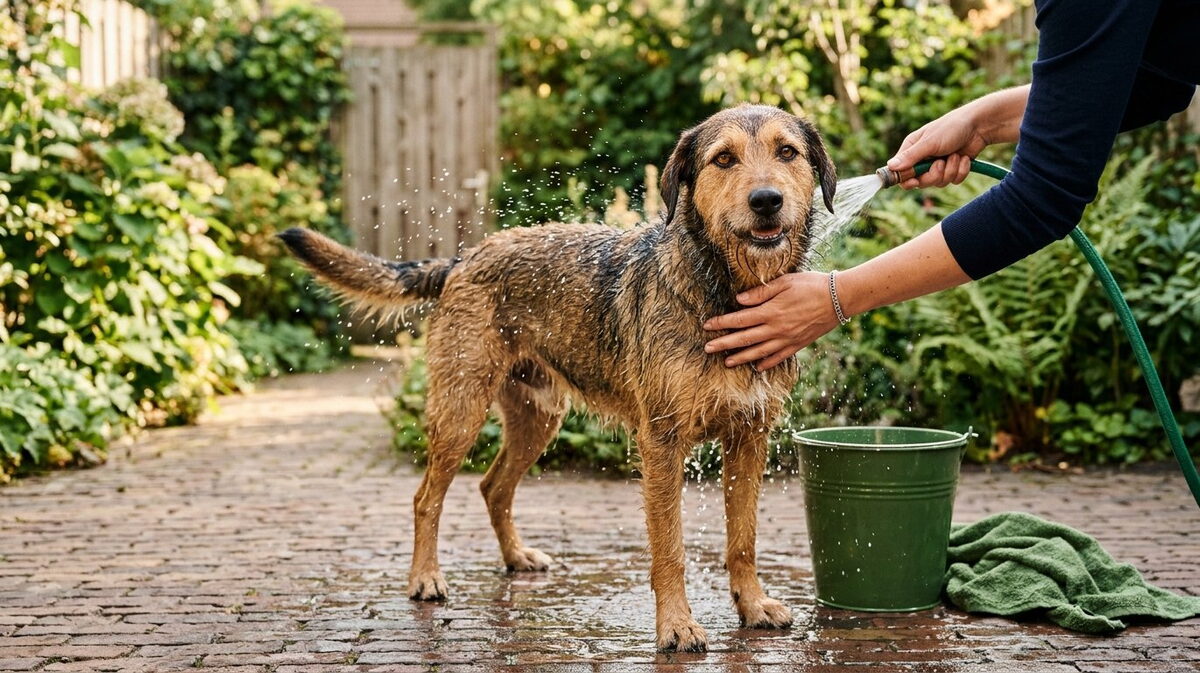 Natte hond wordt in de achtertuin afgespoeld met een tuinslang en een groene emmer op het terras