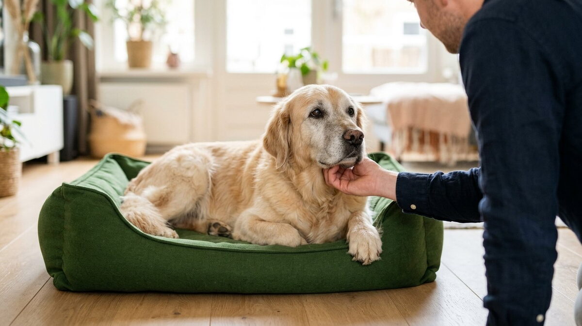 Oudere goudkleurige kruising ligt ontspannen op een bosgroen orthopedisch hondenkussen op een houten vloer terwijl zijn baasje hem onder de kin kriebelt