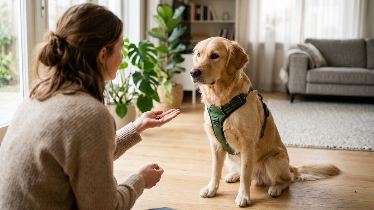 Ontspannen Golden Retriever met een bosgroen Y-tuigje zit op een houten vloer en kijkt rustig naar een gehurkte eigenaar met een beloningsbrokje