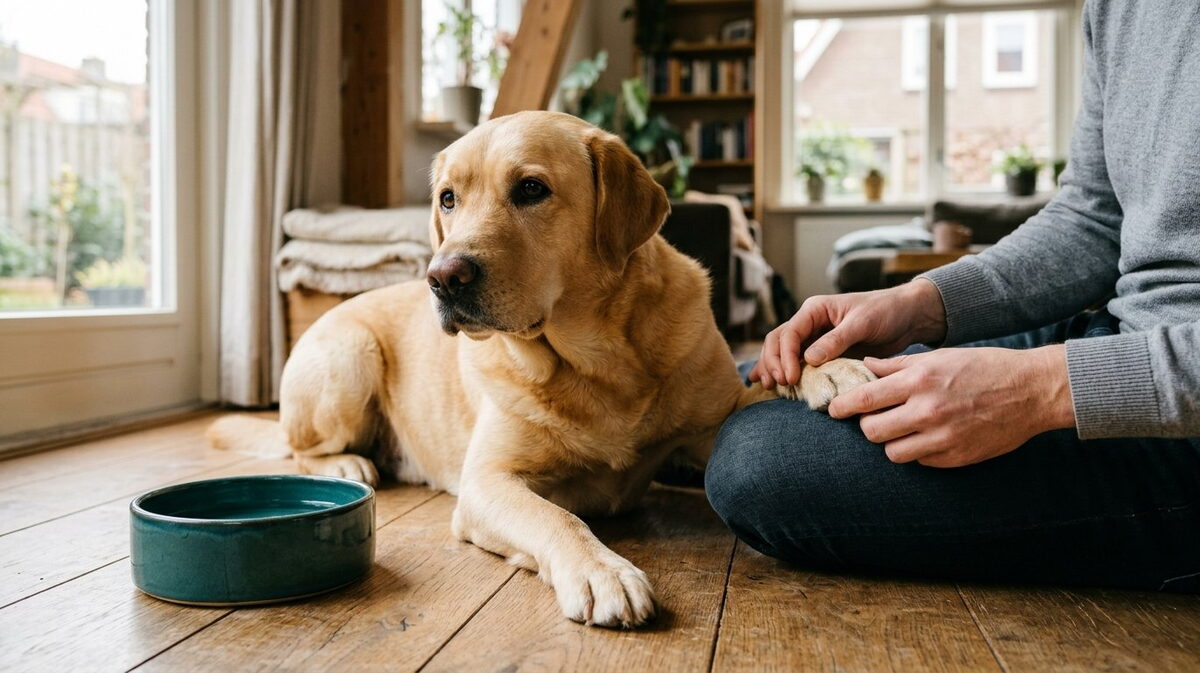Labrador Retriever laat thuis op de houten vloer rustig zijn voorpoot nakijken door zijn baasje