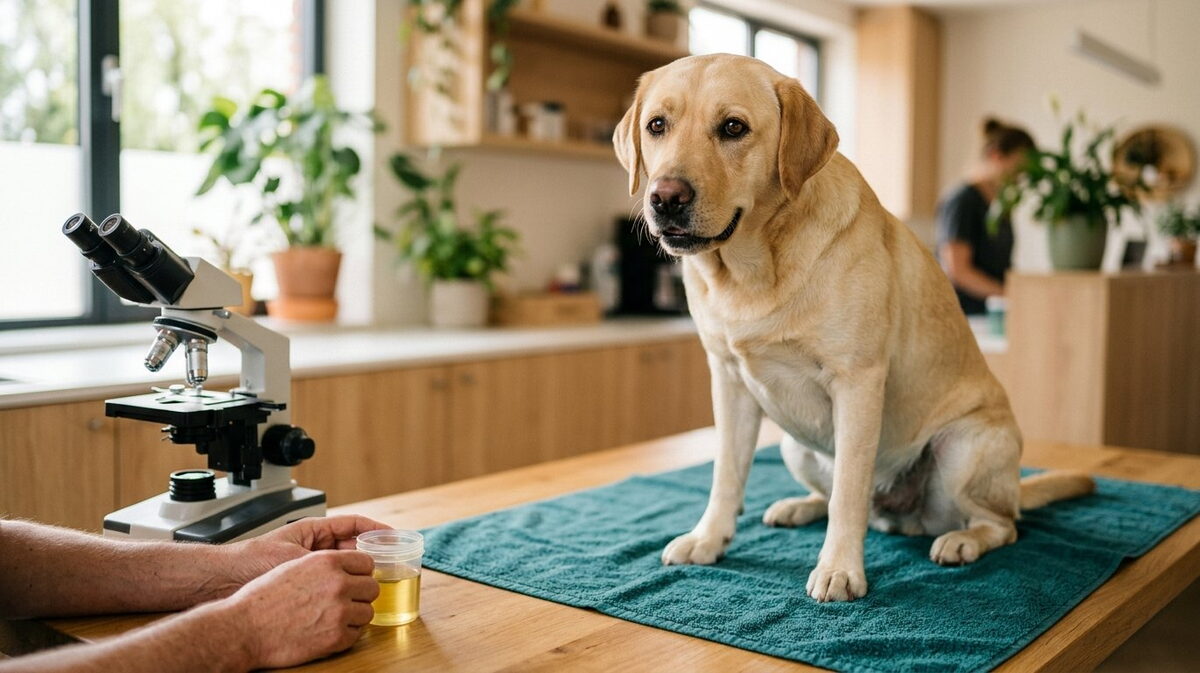 Dierenarts bekijkt een vers urinemonster op een lichte houten behandeltafel naast een rustige hond