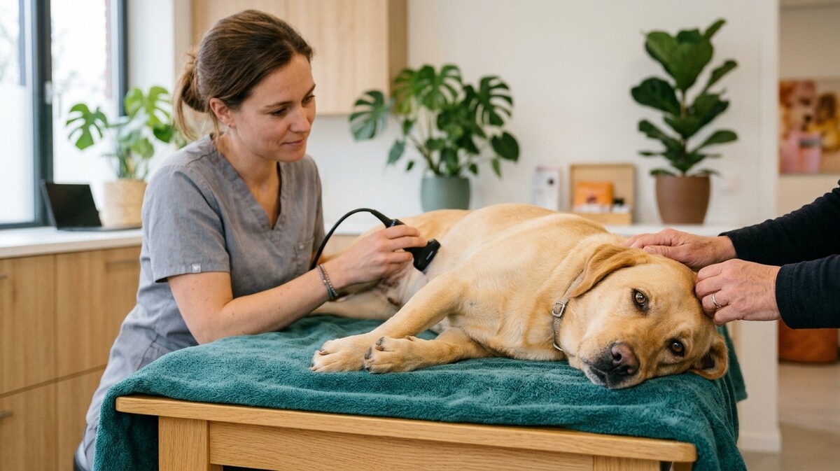 Dierenarts maakt op een houten behandeltafel een buikecho bij een rustige Labrador op een zeegroene handdoek