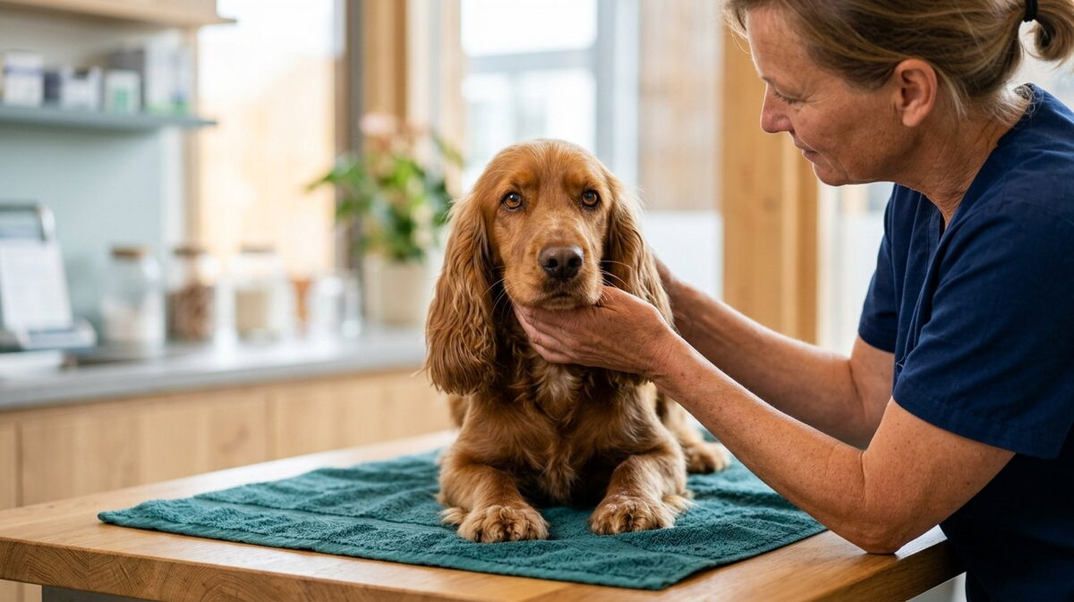 Jonge Cocker Spaniël zit rustig op een zeegroene handdoek op de behandeltafel terwijl de dierenarts naar het oog kijkt