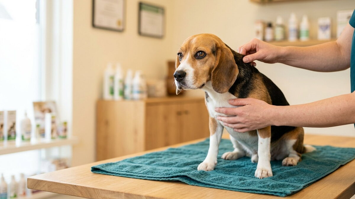 Dierenarts tilt op de behandeltafel voorzichtig een huidplooi op de schouder van een Beagle op om te controleren op uitdroging