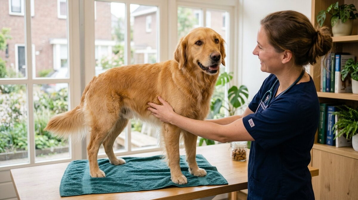 Dierenarts voelt op een houten behandeltafel voorzichtig met beide handen aan de buik van een rustige Golden Retriever op een zeegroene handdoek