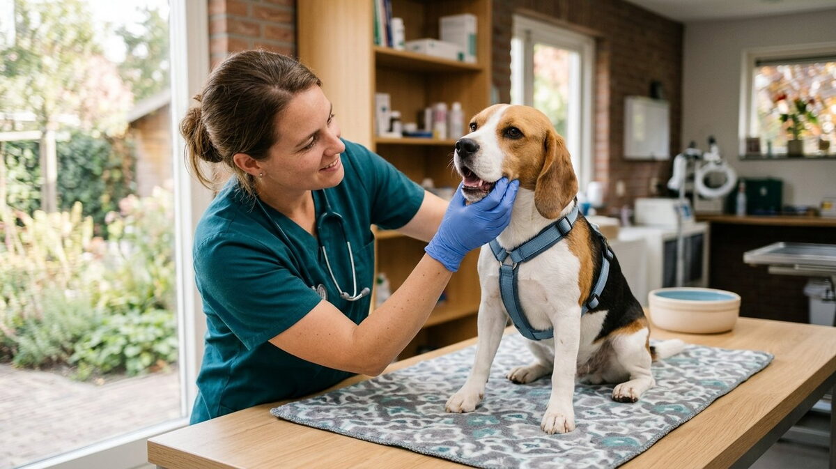 Dierenarts in een lichte spreekkamer controleert rustig de bek en keel van een Beagle op de behandeltafel