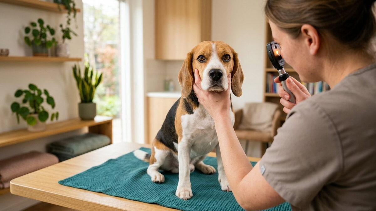 Dierenarts controleert rustig de ogen en reflexen van een Beagle op een zeegroene mat in de spreekkamer