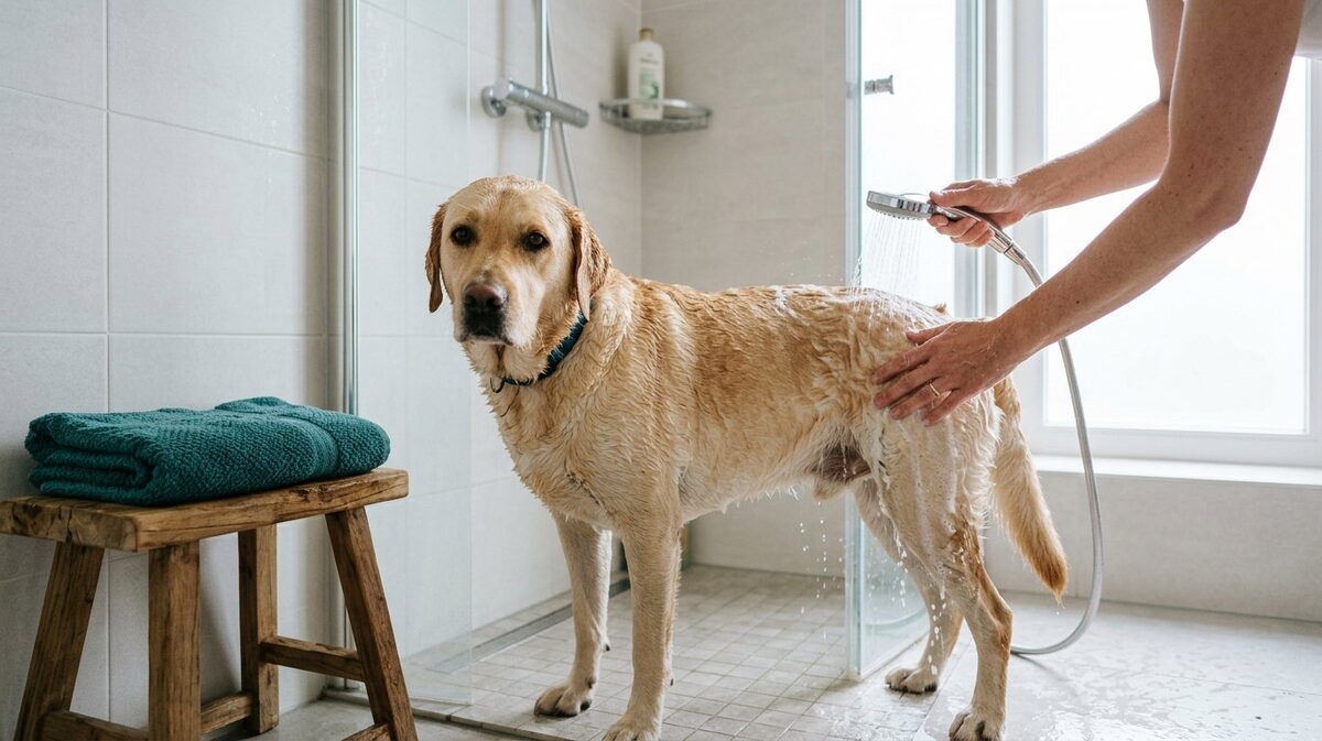 Baasje wast in de badkamer met een handdouche rustig de achterhand en achterpoten van een Labrador-kruising