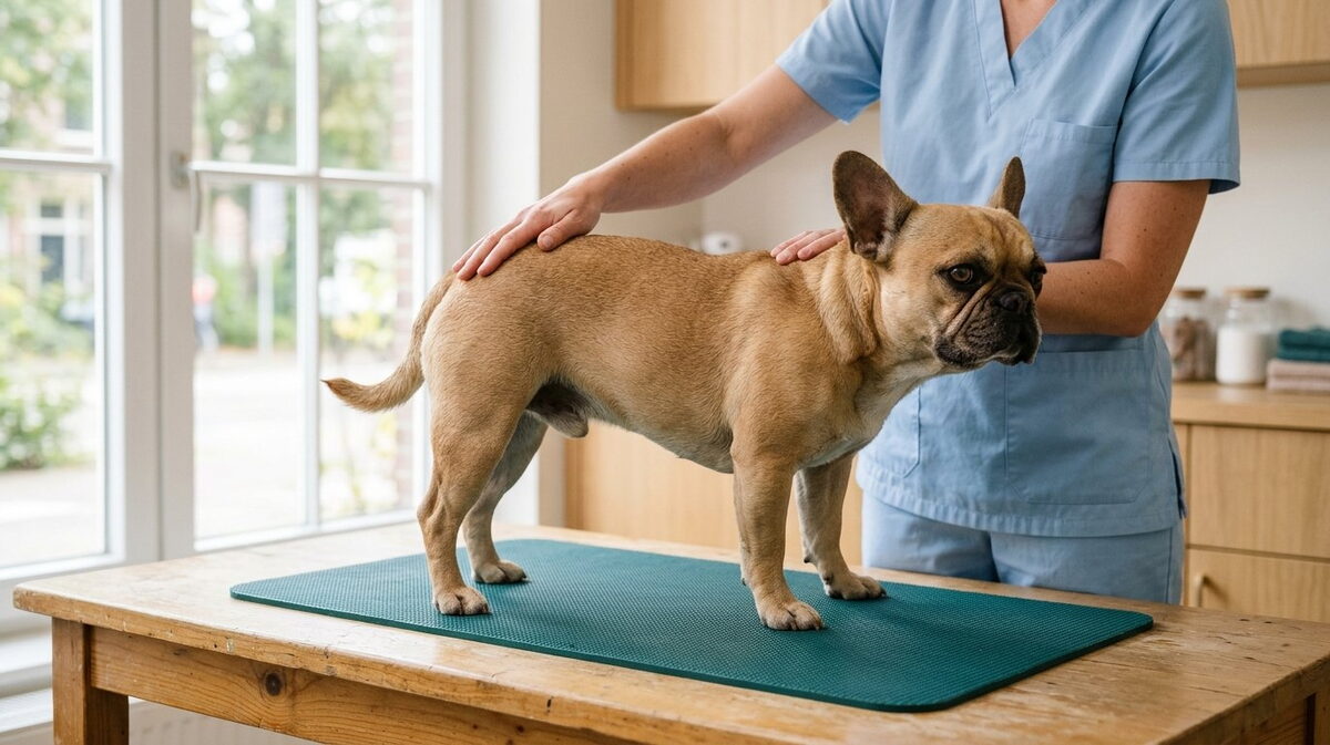 Dierenarts onderzoekt voorzichtig de rugwervels en achterpootreflexen van een Franse Bulldog op een zeegroene mat op de behandeltafel