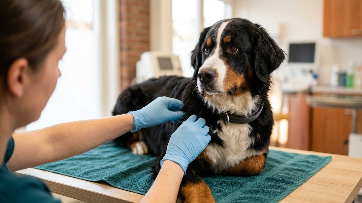 Berner Sennenhond zit rustig op een zeegroene handdoek op een houten behandeltafel terwijl een dierenarts de vacht op de schouder inspecteert