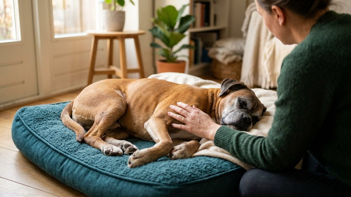 Oudere Boxer ligt ontspannen op een zeegroen hondenkussen in de woonkamer terwijl zijn baasje zachtjes over zijn borstkas aait