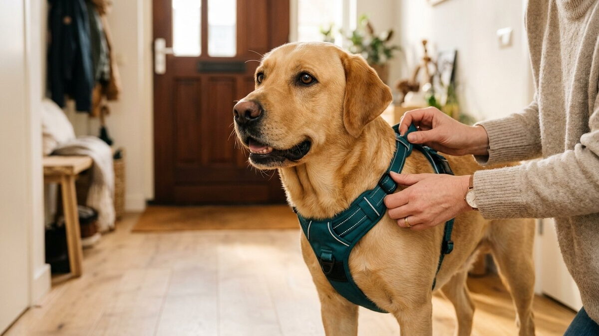 Handen van een eigenaar maken in de gang een comfortabel zeegroen Y-tuigje vast rond de borstkas van een rustige Labrador