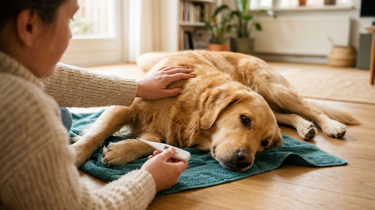 Golden Retriever ligt ontspannen op zijn zij op een zeegroene handdoek terwijl het baasje hem aait voor het temperaturen