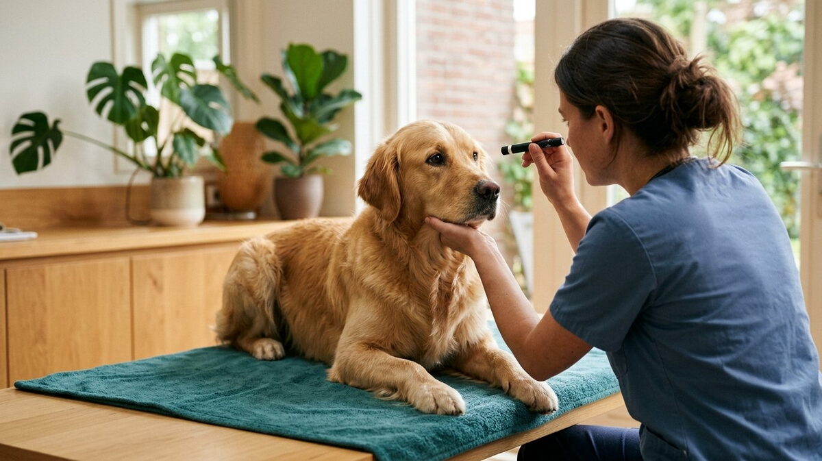 Dierenarts bekijkt van dichtbij met een lampje het oog van een rustige hond op de behandeltafel