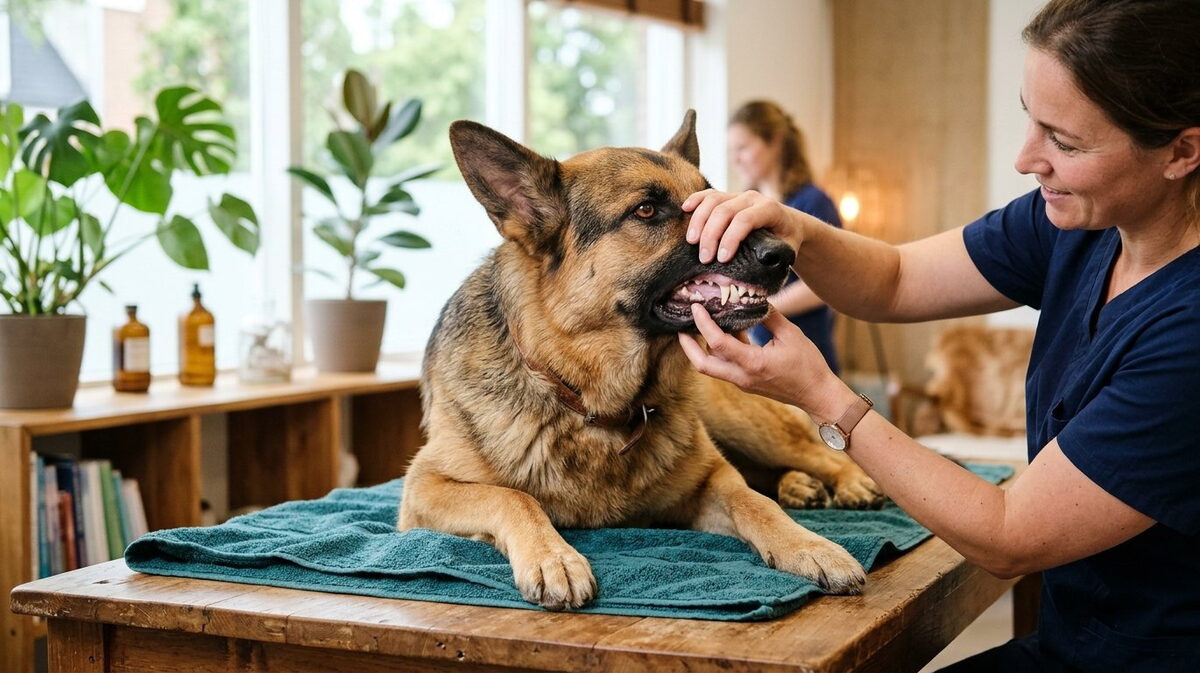 Dierenarts tilt op een houten behandeltafel voorzichtig de bovenlip van een rustige Duitse Herder op om de kleur van het tandvlees te beoordelen