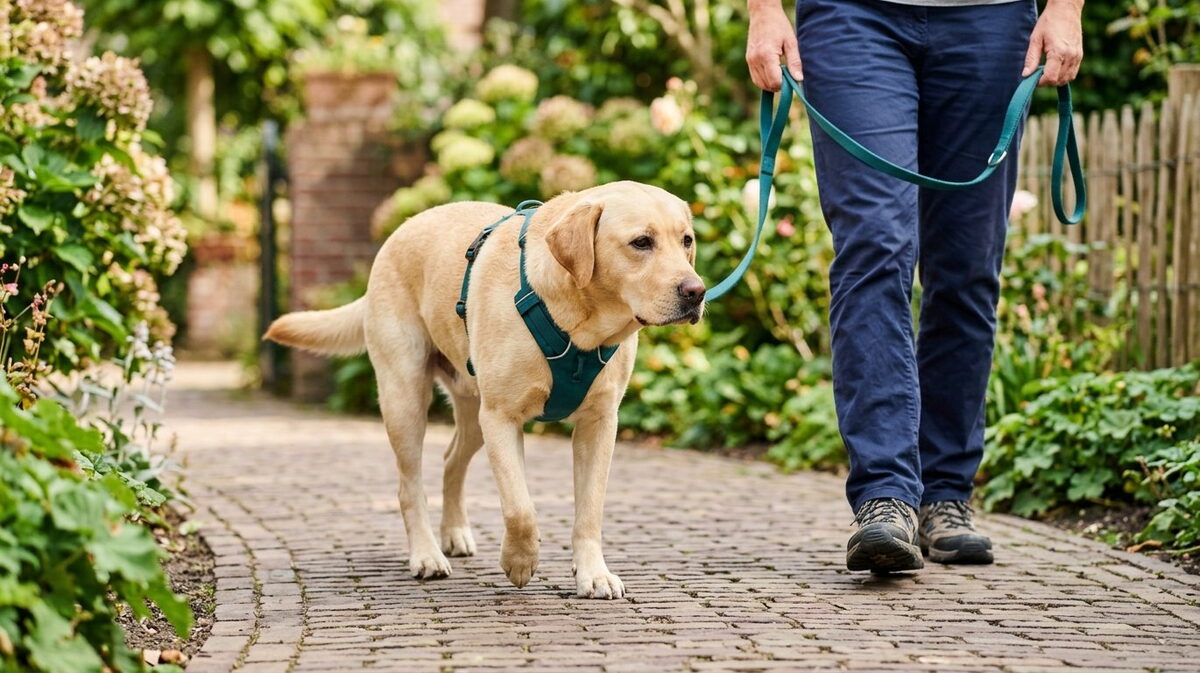 Labrador Retriever stapt rustig aan een korte zeegroene riem naast zijn baasje over een klinkerpad in de tuin tijdens lijnrust