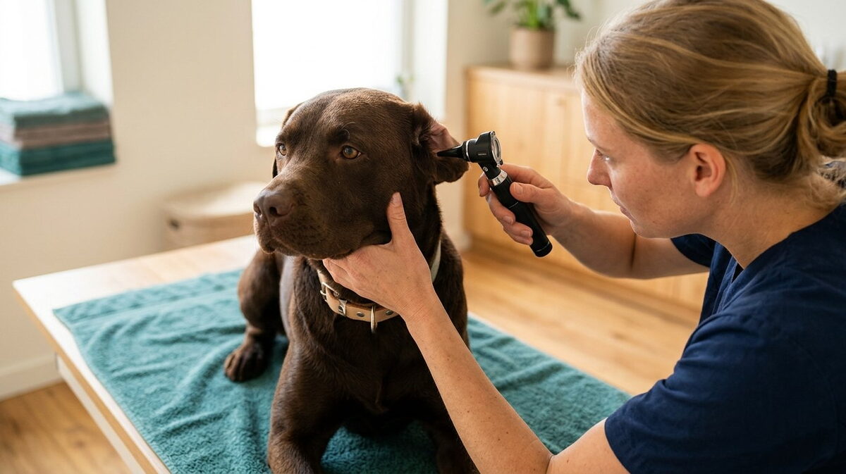 Dierenarts kijkt op een houten behandeltafel voorzichtig met een zwarte otoscoop in het oor van een bruine Labrador Retriever
