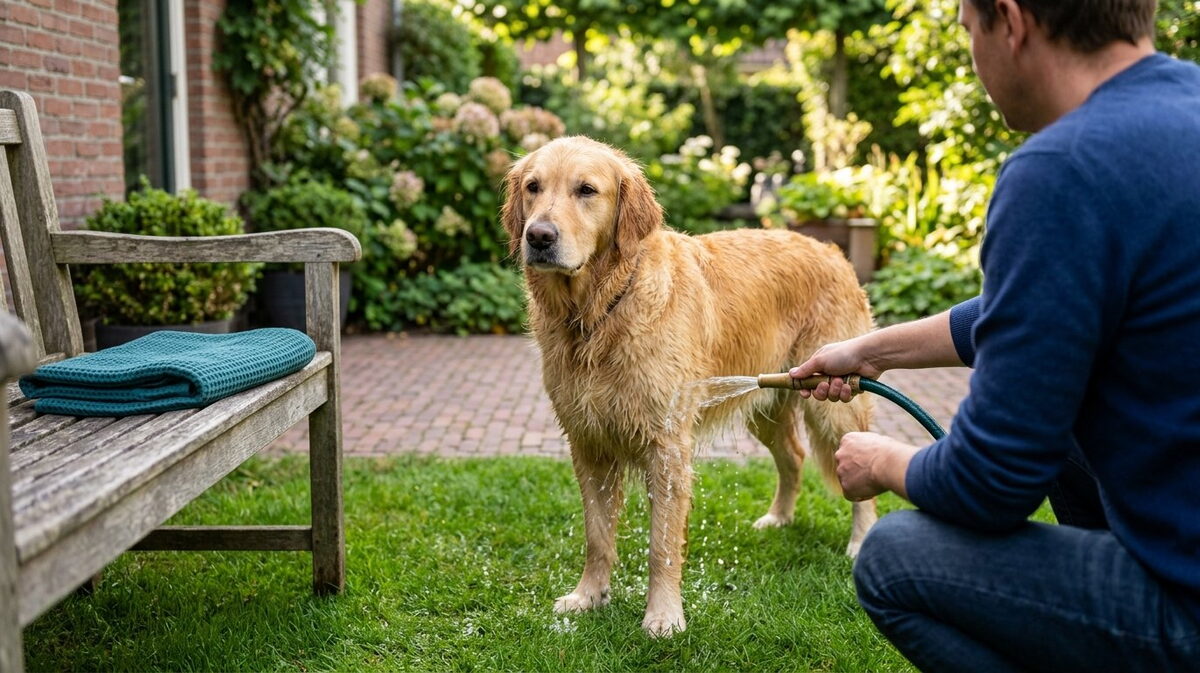 Baasje spoelt met een tuinslang de buik en poten van een hond af