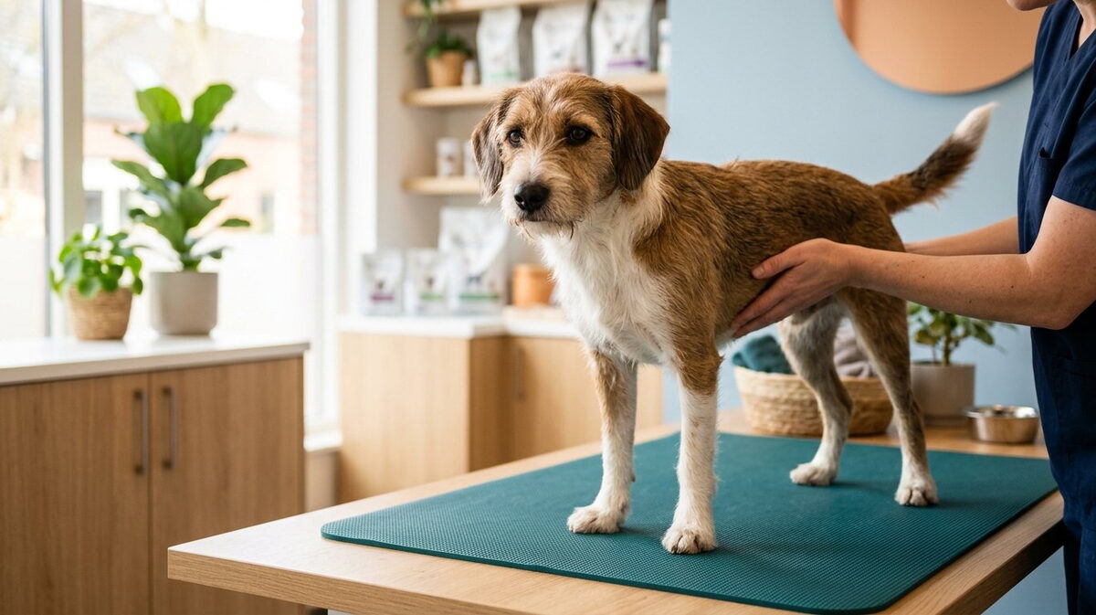 Dierenarts onderzoekt rustig een hond op de behandeltafel in de kliniek