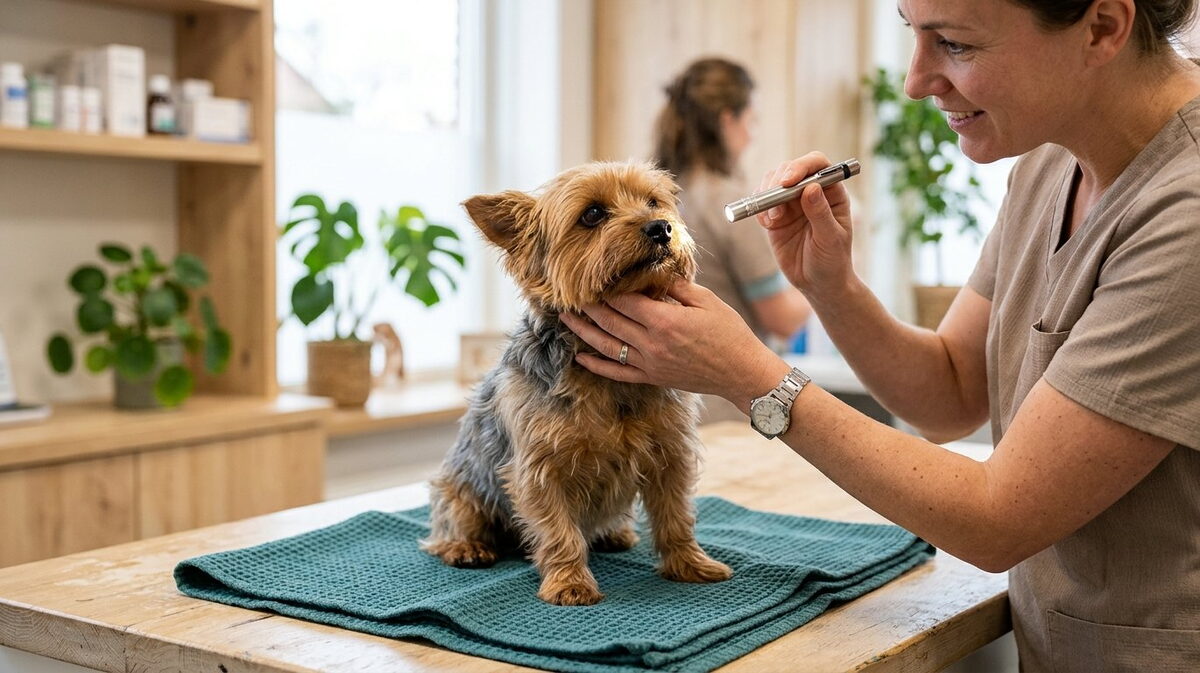 Dierenarts tilt de kin van een kleine hond op en kijkt met een lampje in zijn neusgaten