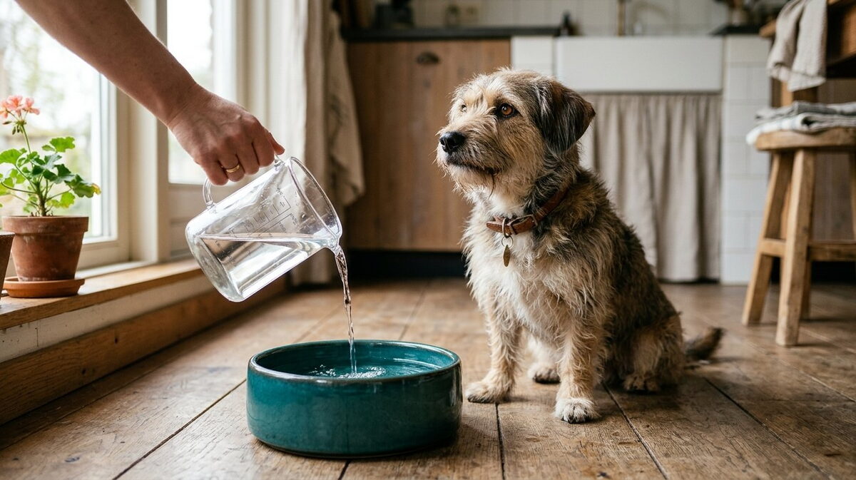 Hand giet afgemeten water uit een maatbeker in een waterbak terwijl een hond toekijkt