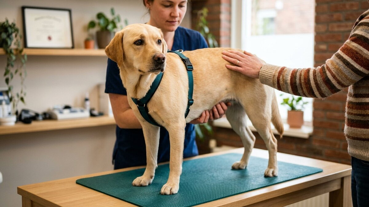 Dierenarts voelt rustig de buik van een labrador op een behandeltafel met een zeegroene antislipmat, de hand van het baasje op zijn rug