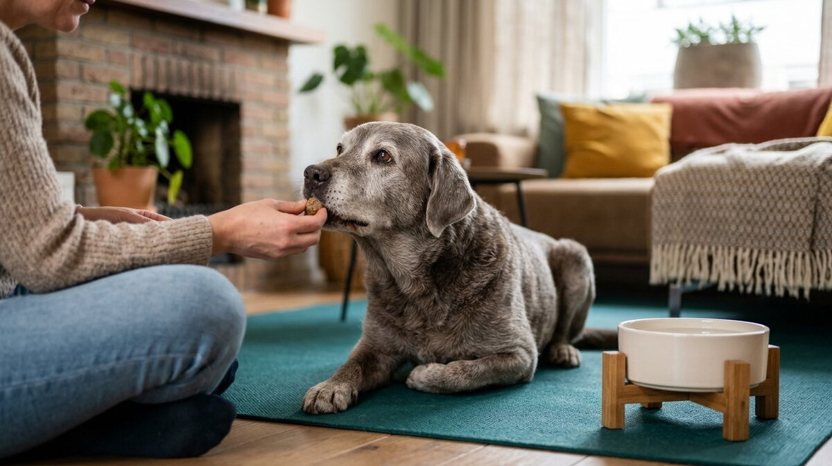 Baasje zit op de vloer en voert een oudere hond die met opgeheven kop op zijn buik op een antislipkleed ligt een balletje natvoer uit de hand