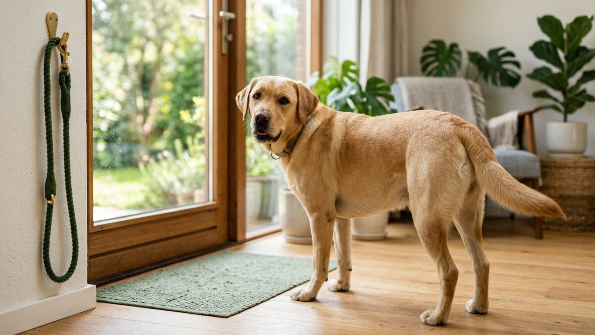 Volwassen blonde Labrador staat in een lichte woonkamer bij de glazen tuindeur en kijkt achterom naar zijn baasje