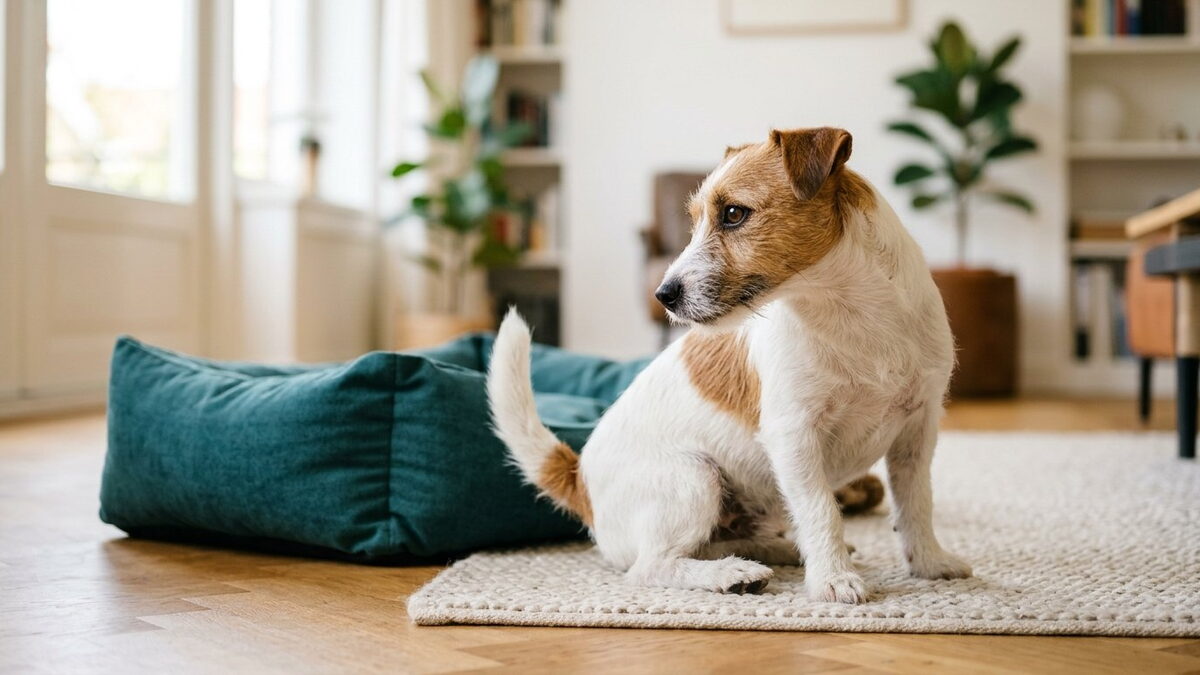 Jack Russell Terriër kijkt op een houten vloer naast een zeegroen kussen achterom naar zijn staartbasis