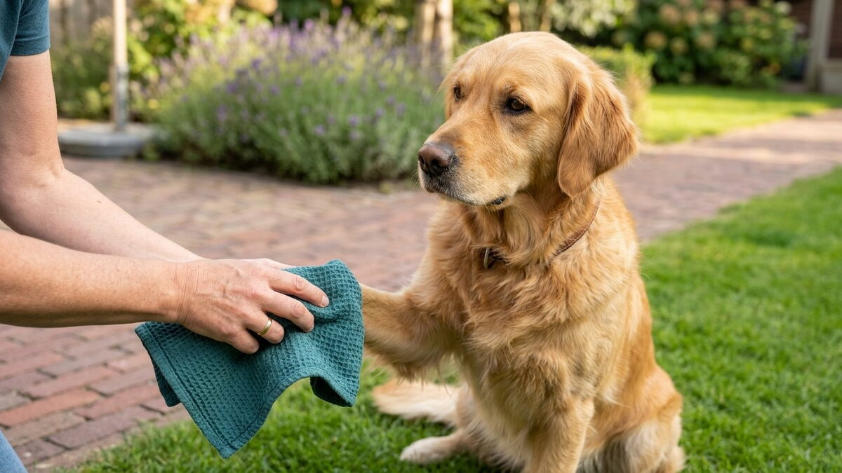 Golden Retriever zit op het gras in de tuin terwijl zijn voorpoot gekoeld wordt met een theedoek