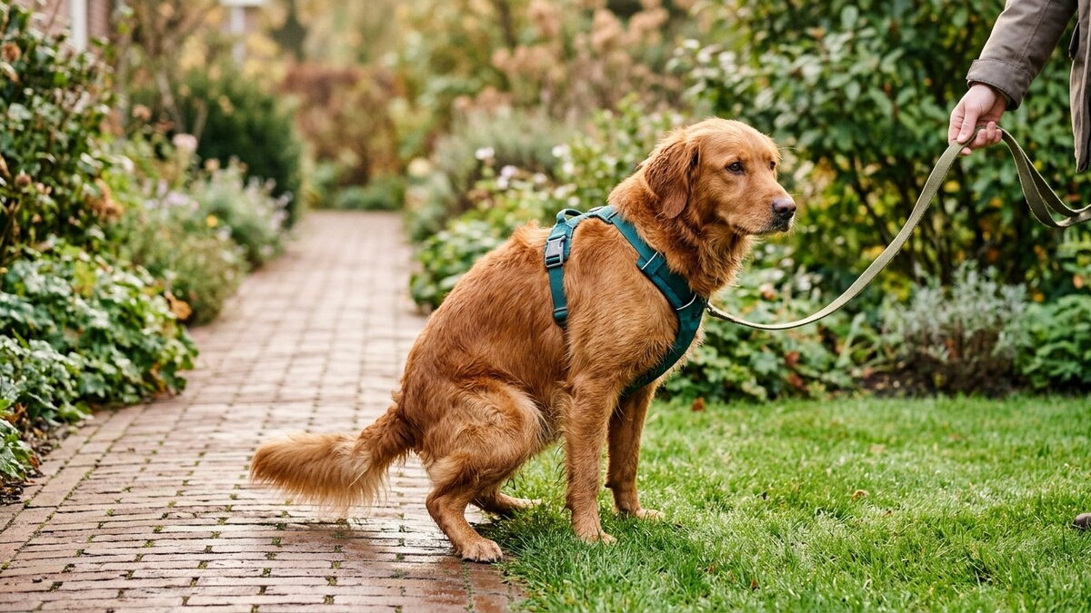 Hond hurkt in het natte gras op een Nederlands tuinpad terwijl het baasje oplettend toekijkt