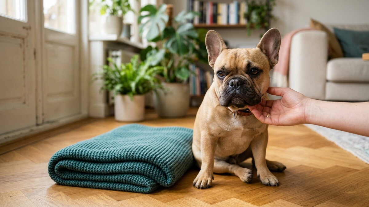 Jonge Franse Bulldog zit op een houten vloer naast een zeegroene deken terwijl het baasje rustig naar zijn ooghoek kijkt