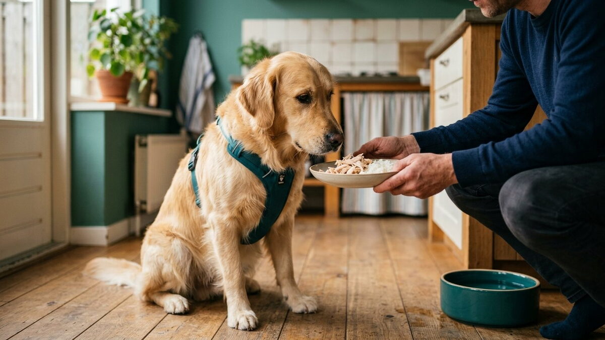 Golden Retriever zit in de keuken bij een gevulde waterbak terwijl het baasje een kleine portie gekookte kip met rijst neerzet