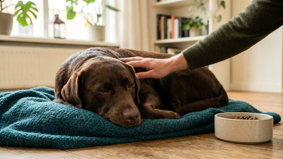 Bruine labrador ligt ongemakkelijk op een zeegroene deken naast een volle voerbak terwijl zijn baasje hem rustig over zijn schouder aait