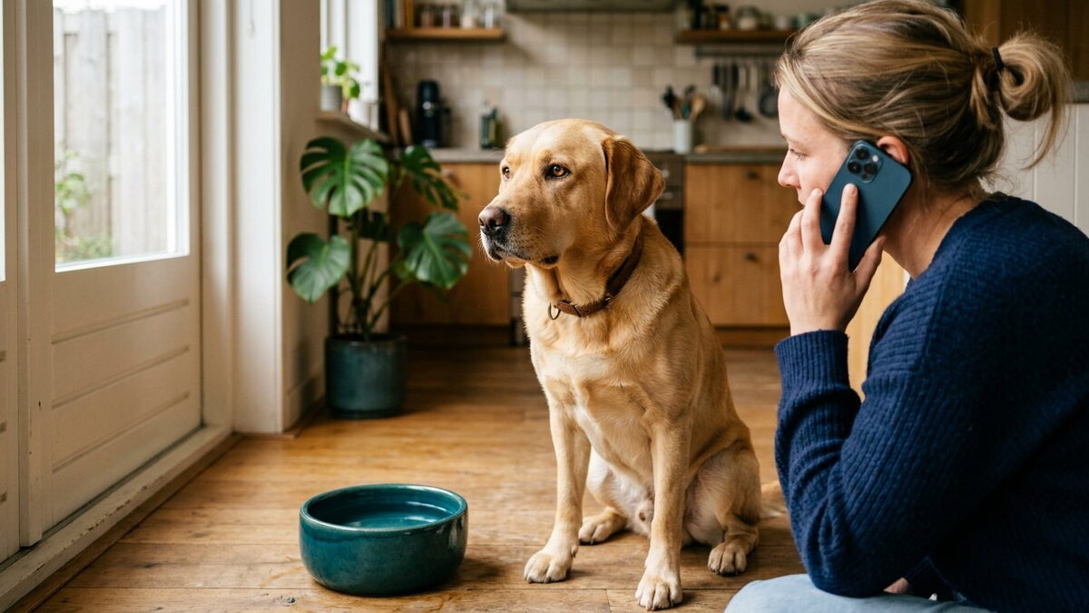 Baasje zit gehurkt naast haar Labrador Retriever in de keuken met de telefoon aan het oor om de dierenarts te bellen