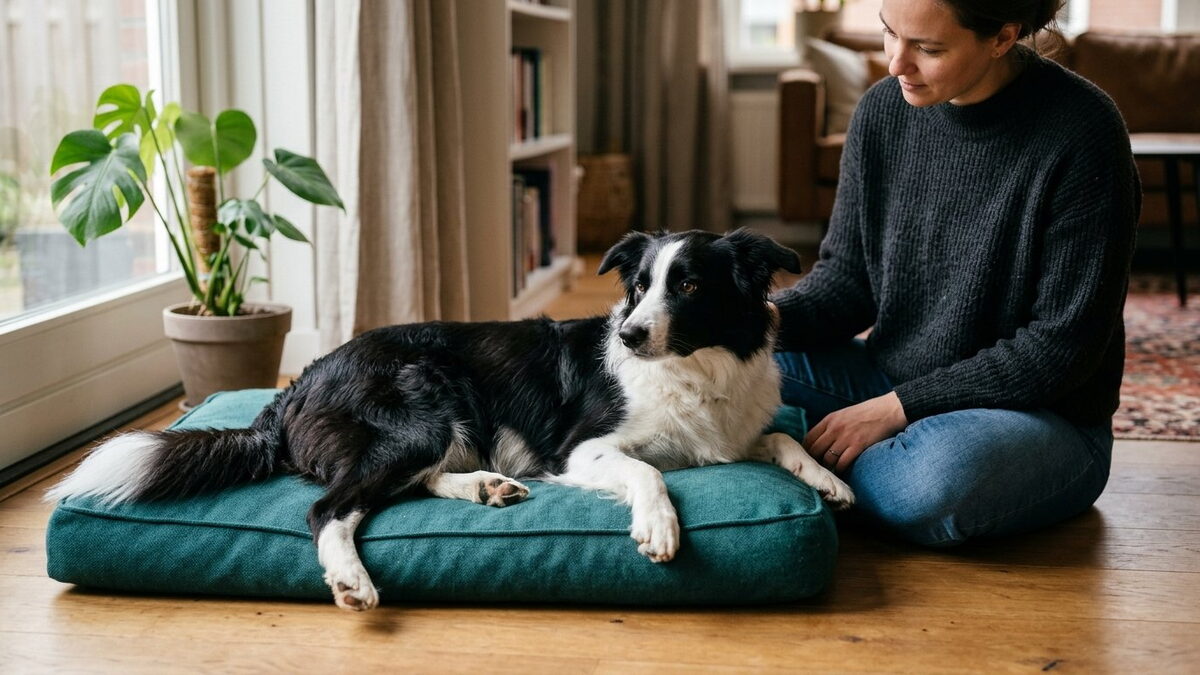 Border Collie ligt rustig bij te komen op een zeegroen hondenkussen op een houten woonkamervloer terwijl het baasje kalm ernaast zit