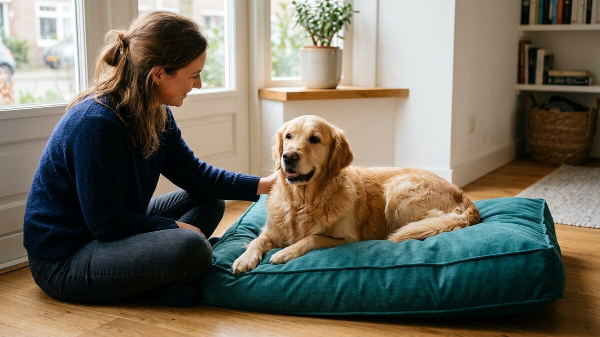 Golden Retriever rust op een zeegroen hondenkussen in de woonkamer terwijl zijn baasje een hand op zijn schouder legt