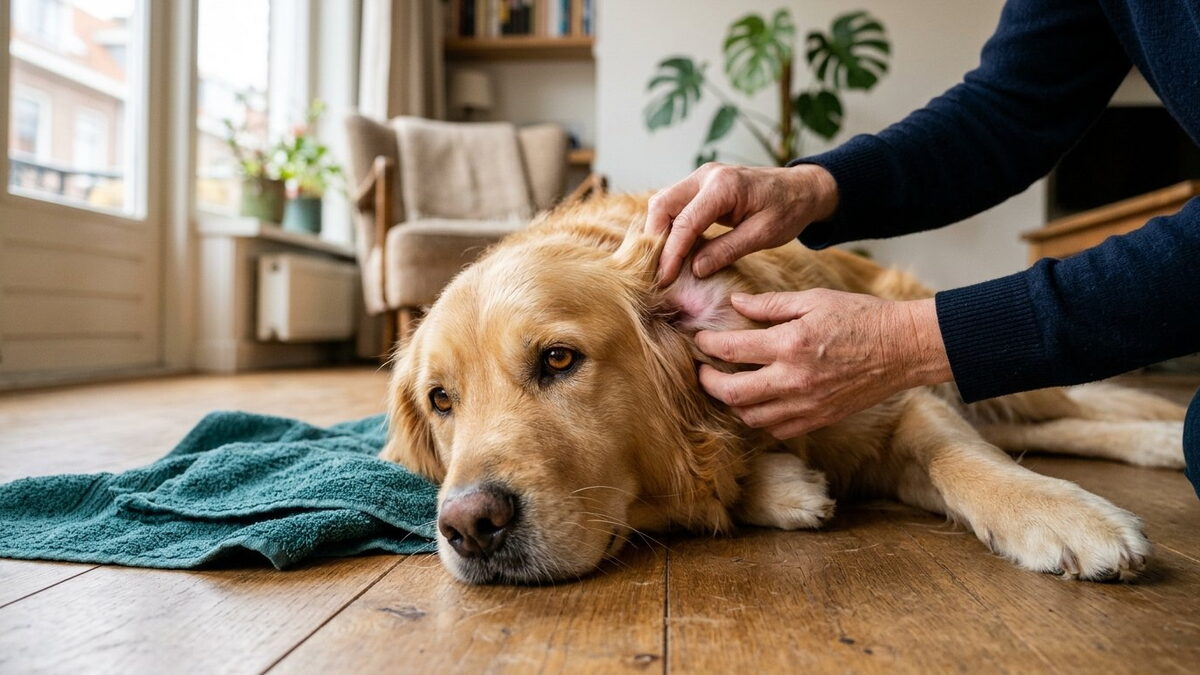 Golden Retriever ligt op een houten vloer naast een zeegroene handdoek terwijl het baasje voorzichtig de vacht in de hals opzij vouwt om de huid te bekijken