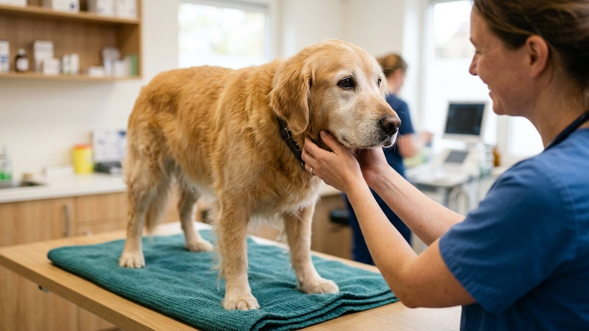 Oudere Golden Retriever staat rustig op een houten behandeltafel terwijl de dierenarts de hals en schouder aftast