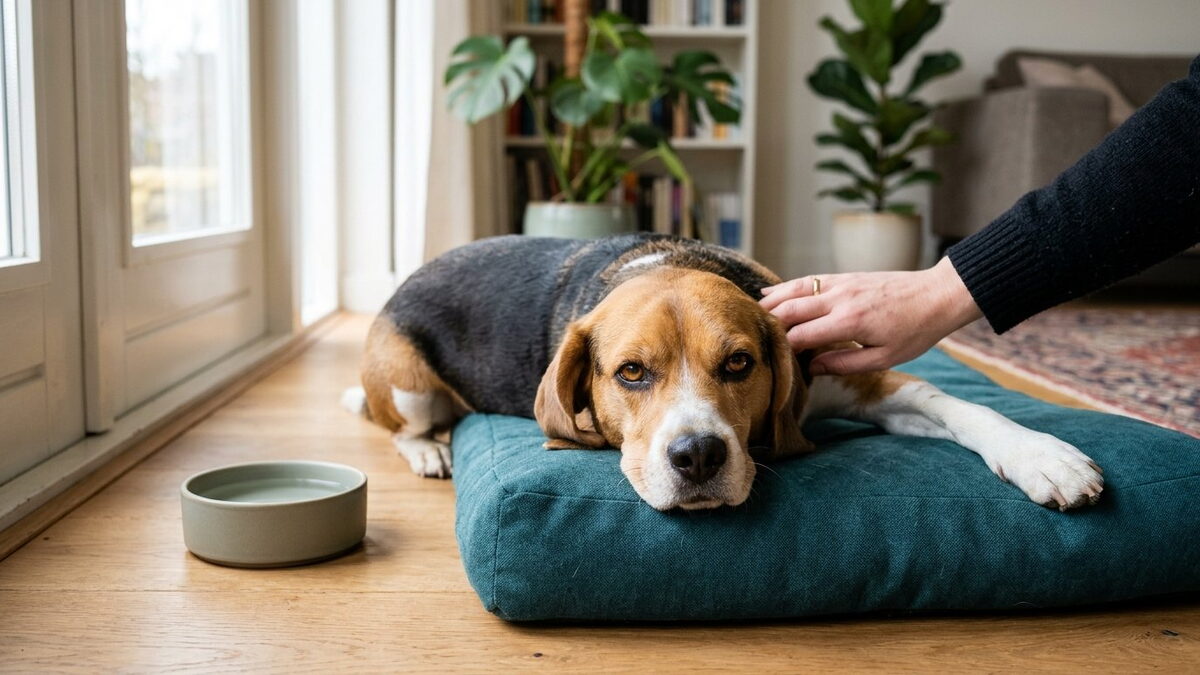 Beagle ligt rustig op zijn buik op een zeegroen hondenkussen in een lichte woonkamer terwijl een hand zijn schouder aait