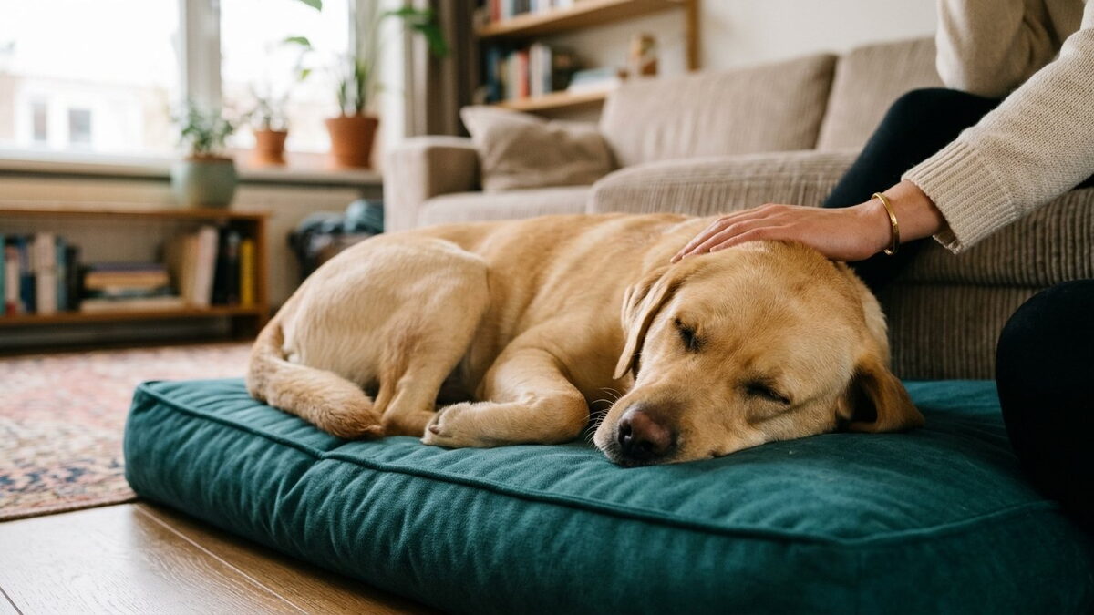 Slaperige Labrador ligt opgekruld op een zeegroen hondenkussen terwijl het baasje voorzichtig aan zijn oor voelt