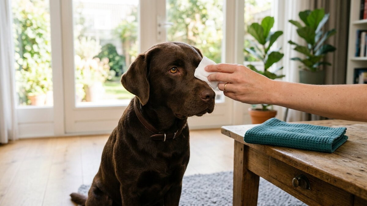Bruine labrador zit rustig terwijl het baasje met een schoon wit gaasje voorzichtig de ooghoek schoonmaakt
