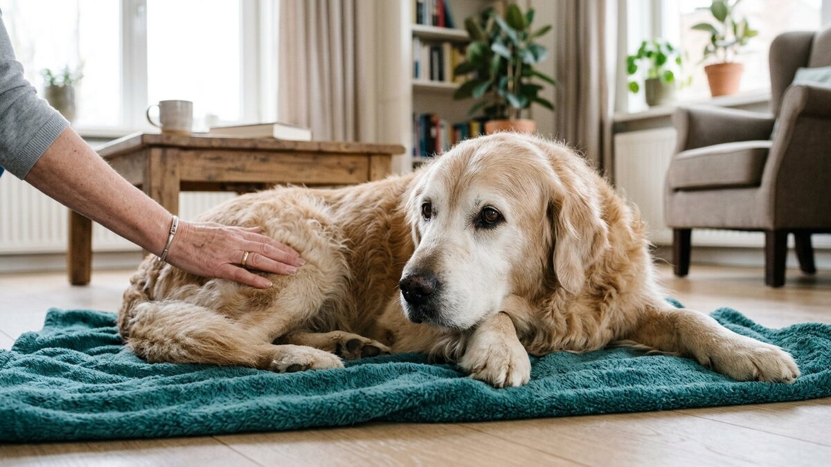 Oudere Golden Retriever ligt rustig op een zeegroen kleed in een lichte Nederlandse woonkamer terwijl het baasje zacht over zijn flank aait