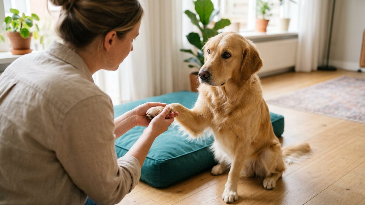 Baasje knielt op de houten woonkamervloer en bekijkt rustig de voetzool en tenen van de voorpoot van een Golden Retriever