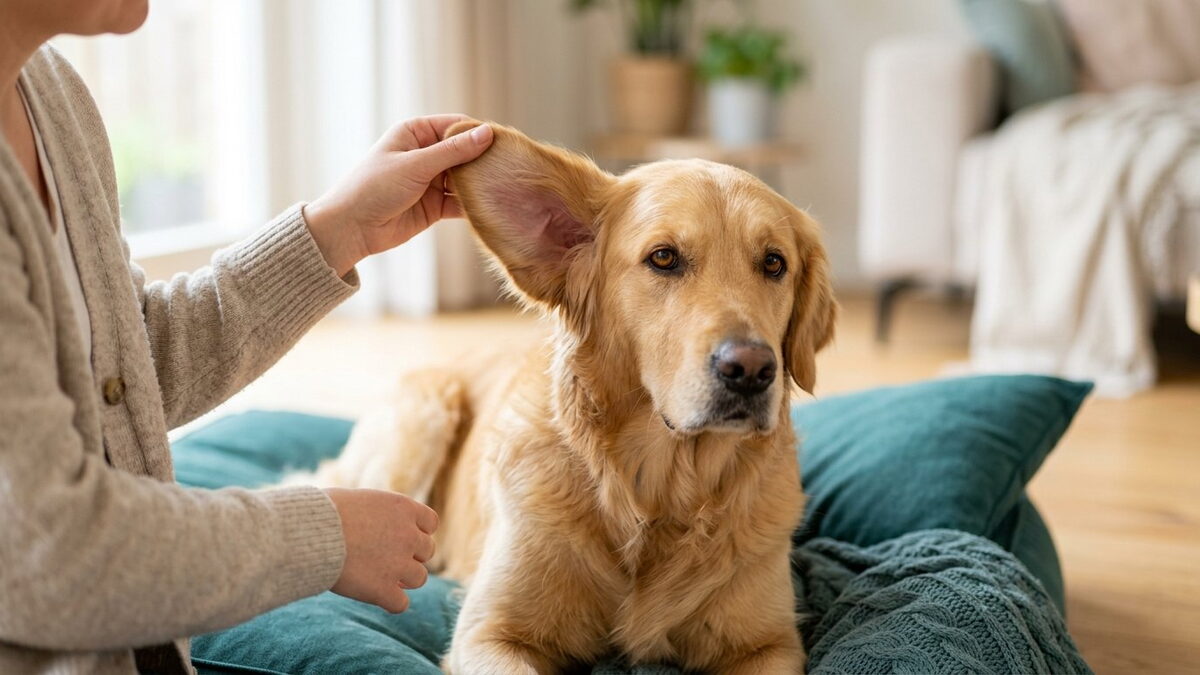 Baasje tilt in de woonkamer rustig de oorflap van een Golden Retriever op om de binnenkant van het oor te bekijken