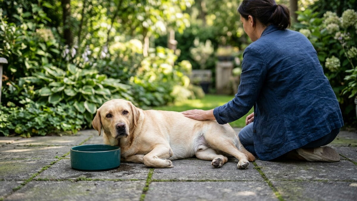 Labrador ligt hijgend op schaduwrijke tuintegels naast een zeegroene waterbak