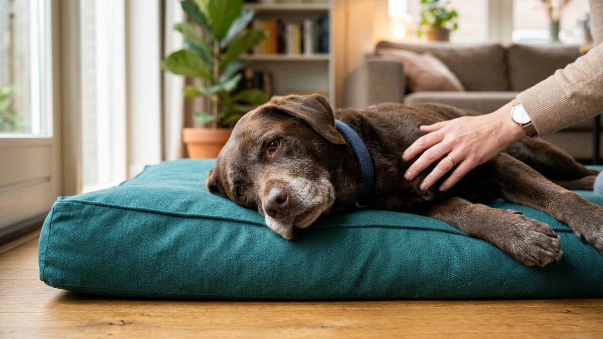Oudere bruine Labrador rust op een zeegroen orthopedisch hondenkussen in de woonkamer terwijl zijn baasje hem aait